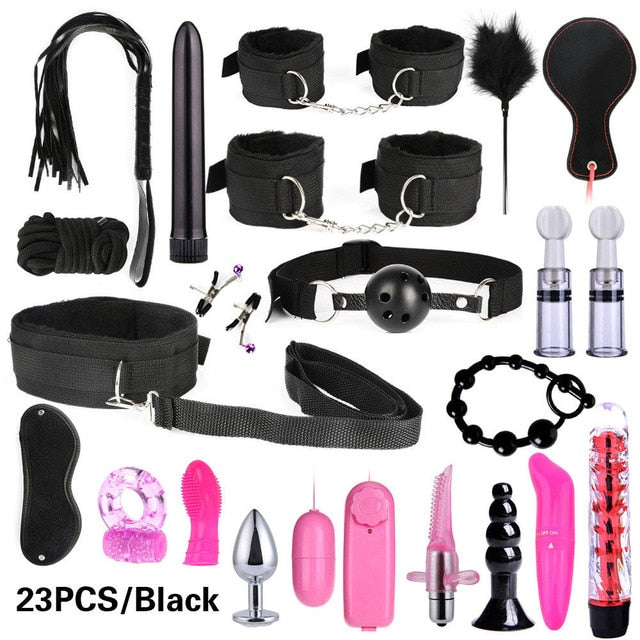 26 PCS Adults Sex Toys For Women Men Handcuffs Nipple Clamps Whip Spanking Sex Metal Anal Plug Vibrator Butt Bdsm Bondage Set