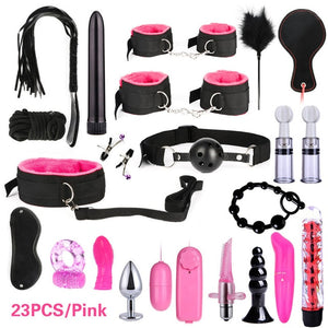 26 PCS Adults Sex Toys For Women Men Handcuffs Nipple Clamps Whip Spanking Sex Metal Anal Plug Vibrator Butt Bdsm Bondage Set