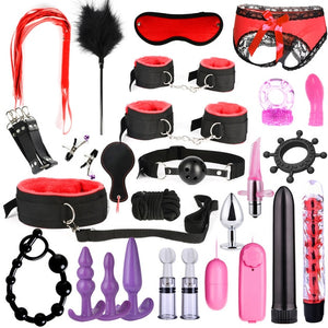 26 PCS Adults Sex Toys For Women Men Handcuffs Nipple Clamps Whip Spanking Sex Metal Anal Plug Vibrator Butt Bdsm Bondage Set