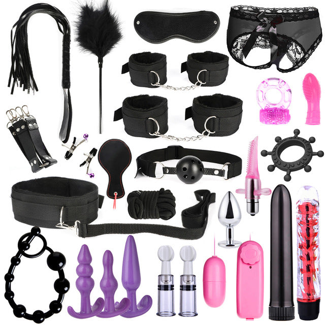 26 PCS Adults Sex Toys For Women Men Handcuffs Nipple Clamps Whip Spanking Sex Metal Anal Plug Vibrator Butt Bdsm Bondage Set