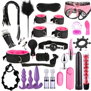 26 PCS Adults Sex Toys For Women Men Handcuffs Nipple Clamps Whip Spanking Sex Metal Anal Plug Vibrator Butt Bdsm Bondage Set