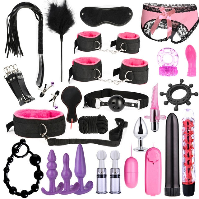 26 PCS Adults Sex Toys For Women Men Handcuffs Nipple Clamps Whip Spanking Sex Metal Anal Plug Vibrator Butt Bdsm Bondage Set