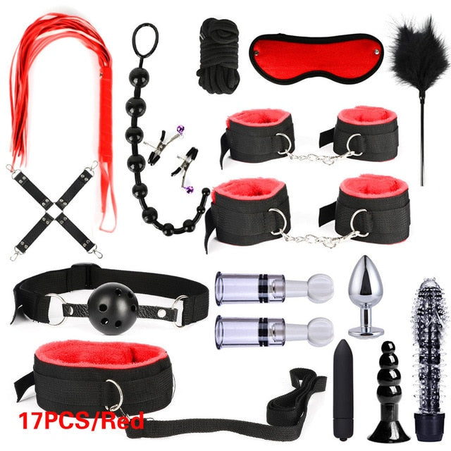 26 PCS Adults Sex Toys For Women Men Handcuffs Nipple Clamps Whip Spanking Sex Metal Anal Plug Vibrator Butt Bdsm Bondage Set