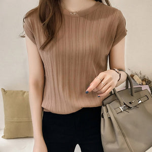 2020 Summer Ice Silk Knit Tops Short Sleeve Solid Bright Office Lady Work Casual Shirts New Korean Japan Slim Knitwear Shirt