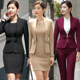 HOT Wine Black Apricot female elegant woman's office blazer dress jacket suit ladies office wear sets costumes business dresses