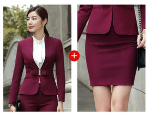 HOT Wine Black Apricot female elegant woman's office blazer dress jacket suit ladies office wear sets costumes business dresses