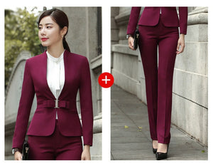 HOT Wine Black Apricot female elegant woman's office blazer dress jacket suit ladies office wear sets costumes business dresses